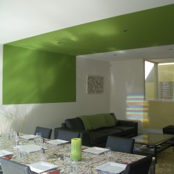Fullagar Residence 21_living + dining with green ceiling strip 2_Stephen Varady Photo ©